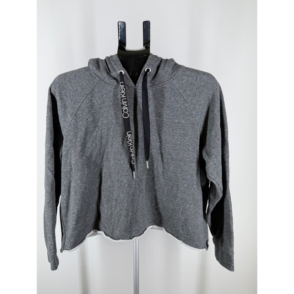 Calvin Klein Performance Womens Gray Cropped Logo Drawstring Hoodie Sweatshirt L